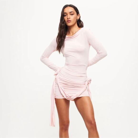 NEW Lioness Glory Blush Pink Long Sleeve Ruched Boat Neck Mini Bodycon Dress XS - Picture 10 of 13
